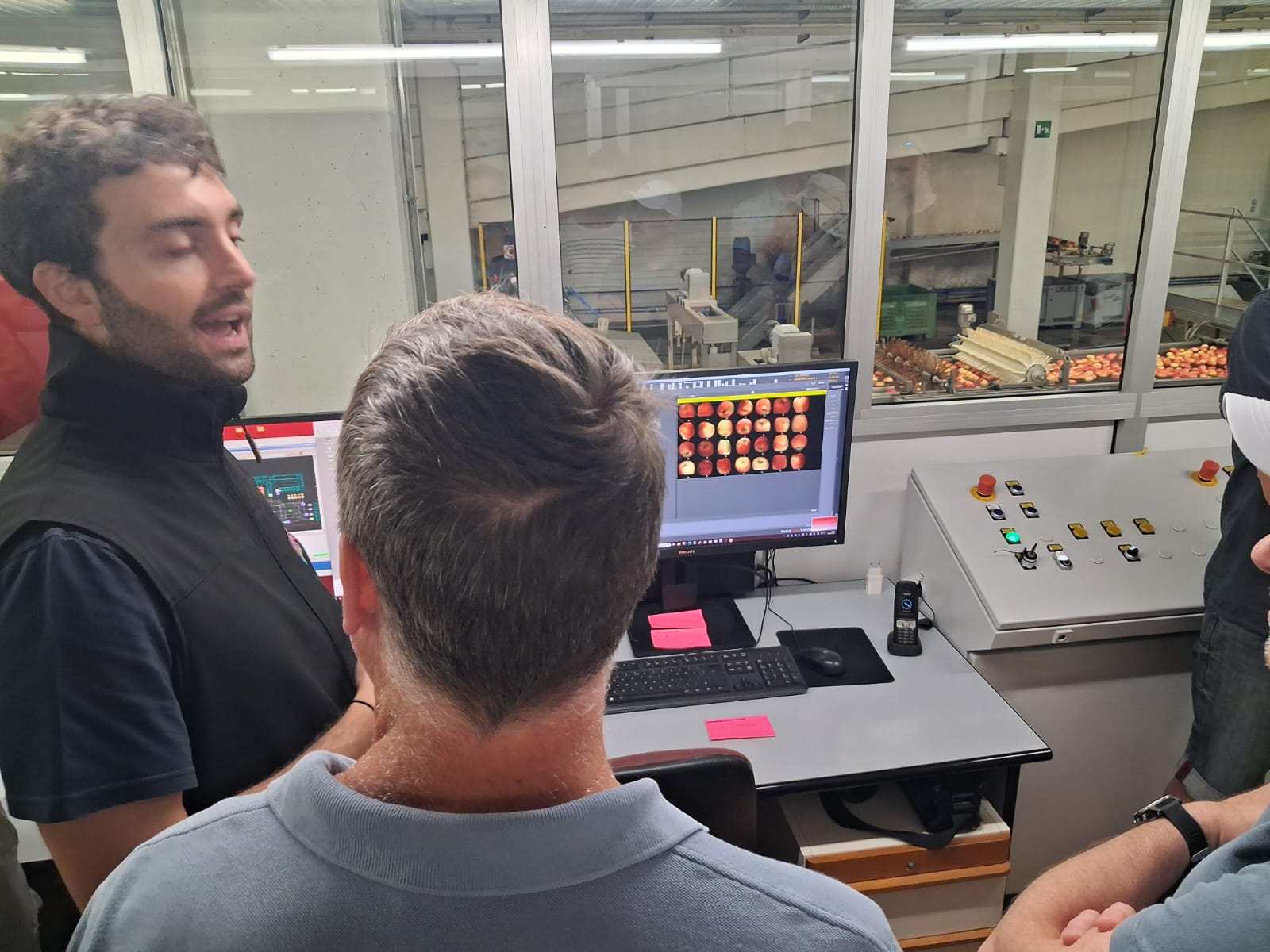 HortiQD researcher at Rivoira’s quality control station, with apple imaging displayed on screen Rivoira apple sorting facility